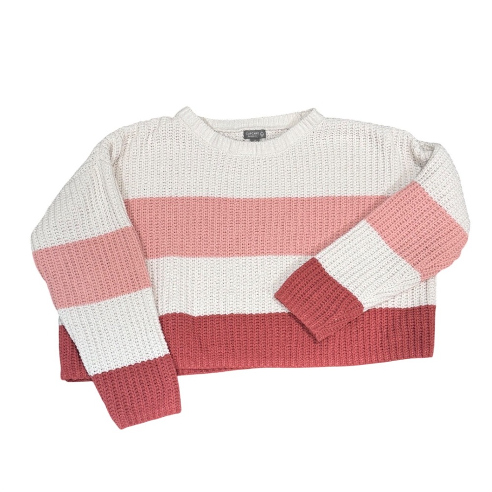 Cupcake Clothing Ltd Women Pink Cream Striped Chenille Cropped Sweater Medium